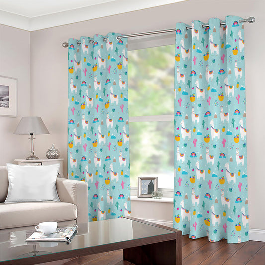Happy Llama And Cactus Pattern Print Extra Wide Grommet Curtains