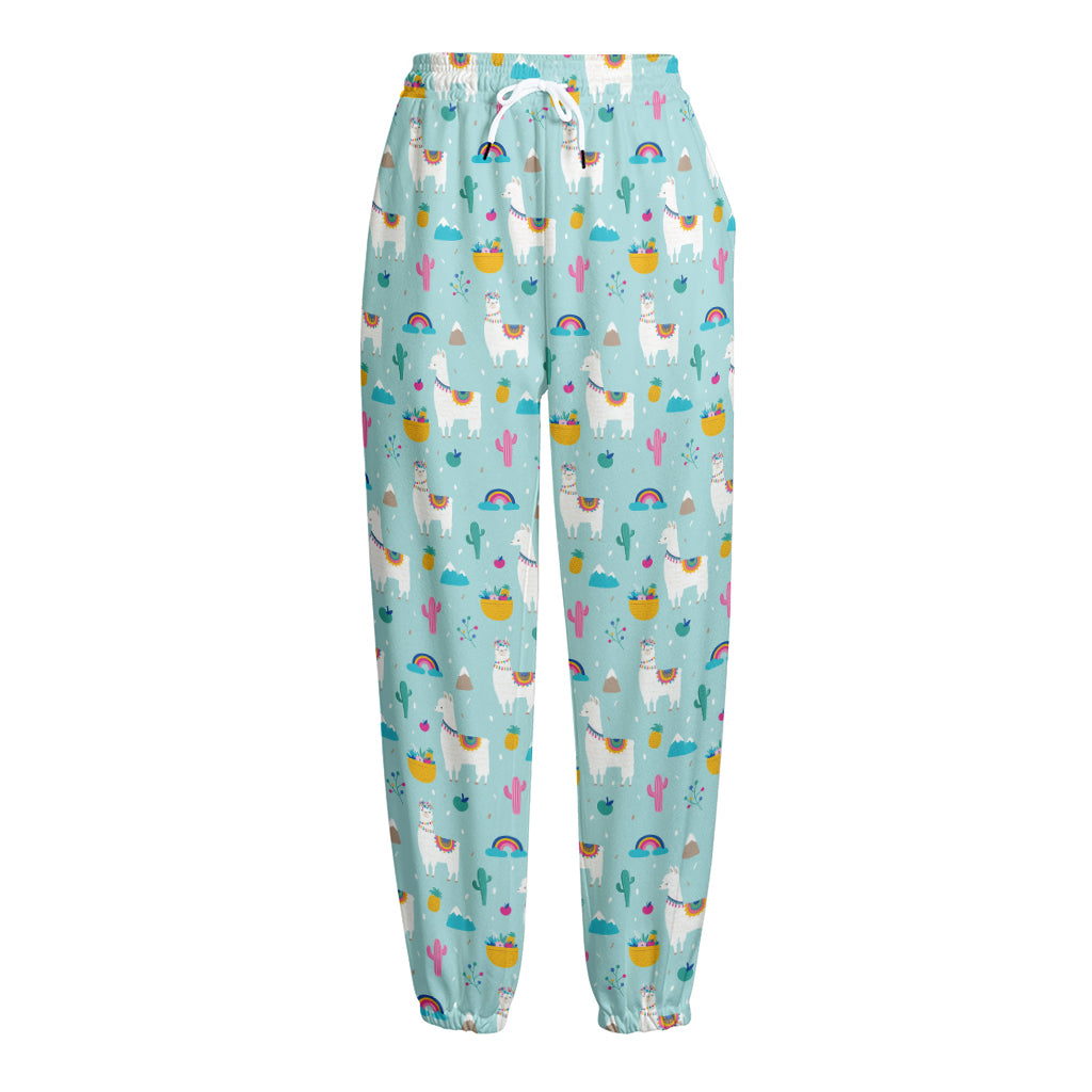 Happy Llama And Cactus Pattern Print Fleece Lined Knit Pants