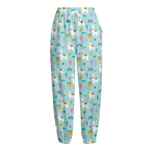 Happy Llama And Cactus Pattern Print Fleece Lined Knit Pants