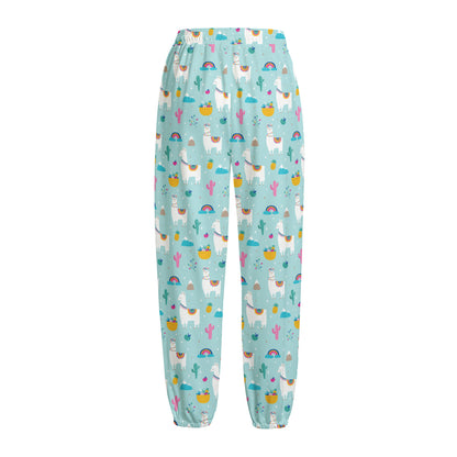 Happy Llama And Cactus Pattern Print Fleece Lined Knit Pants
