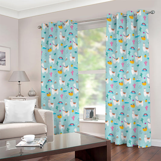 Happy Llama And Cactus Pattern Print Grommet Curtains