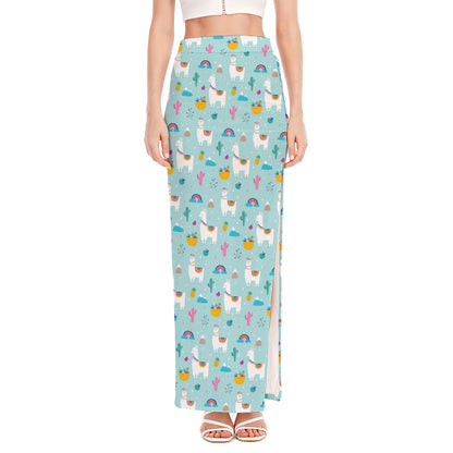 Happy Llama And Cactus Pattern Print High Slit Maxi Skirt