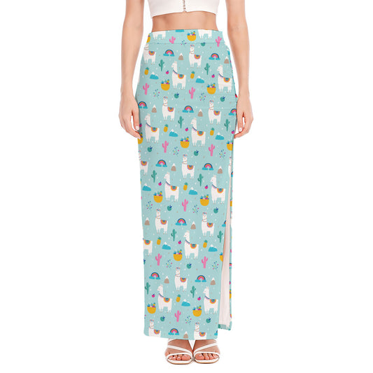 Happy Llama And Cactus Pattern Print High Slit Maxi Skirt