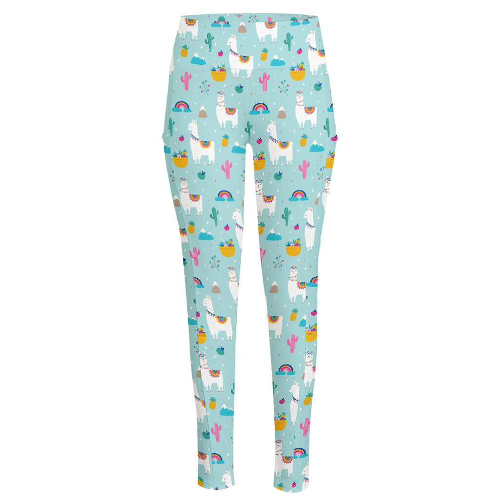 Happy Llama And Cactus Pattern Print High-Waisted Pocket Leggings