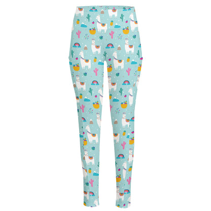 Happy Llama And Cactus Pattern Print High-Waisted Pocket Leggings