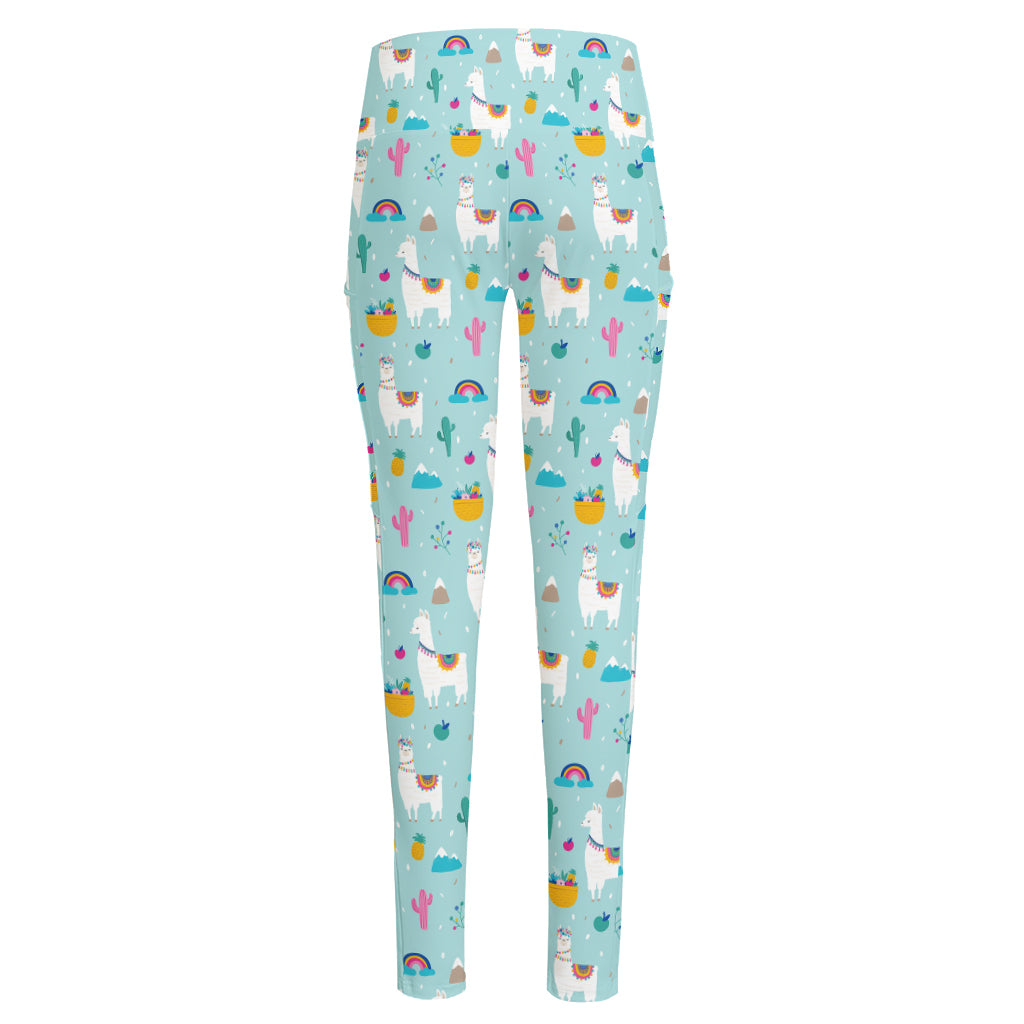 Happy Llama And Cactus Pattern Print High-Waisted Pocket Leggings