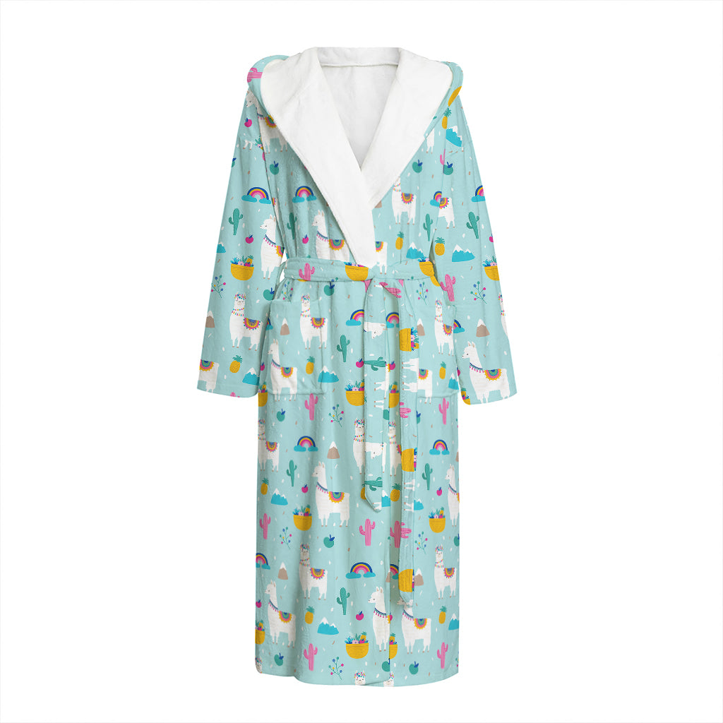 Happy Llama And Cactus Pattern Print Hooded Bathrobe