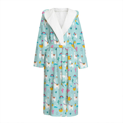 Happy Llama And Cactus Pattern Print Hooded Bathrobe