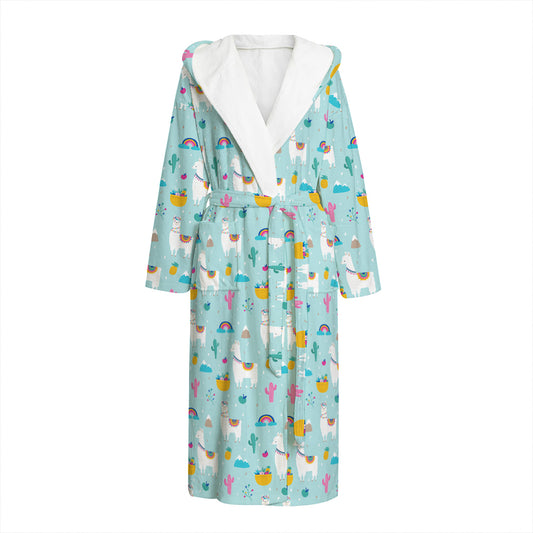 Happy Llama And Cactus Pattern Print Hooded Bathrobe