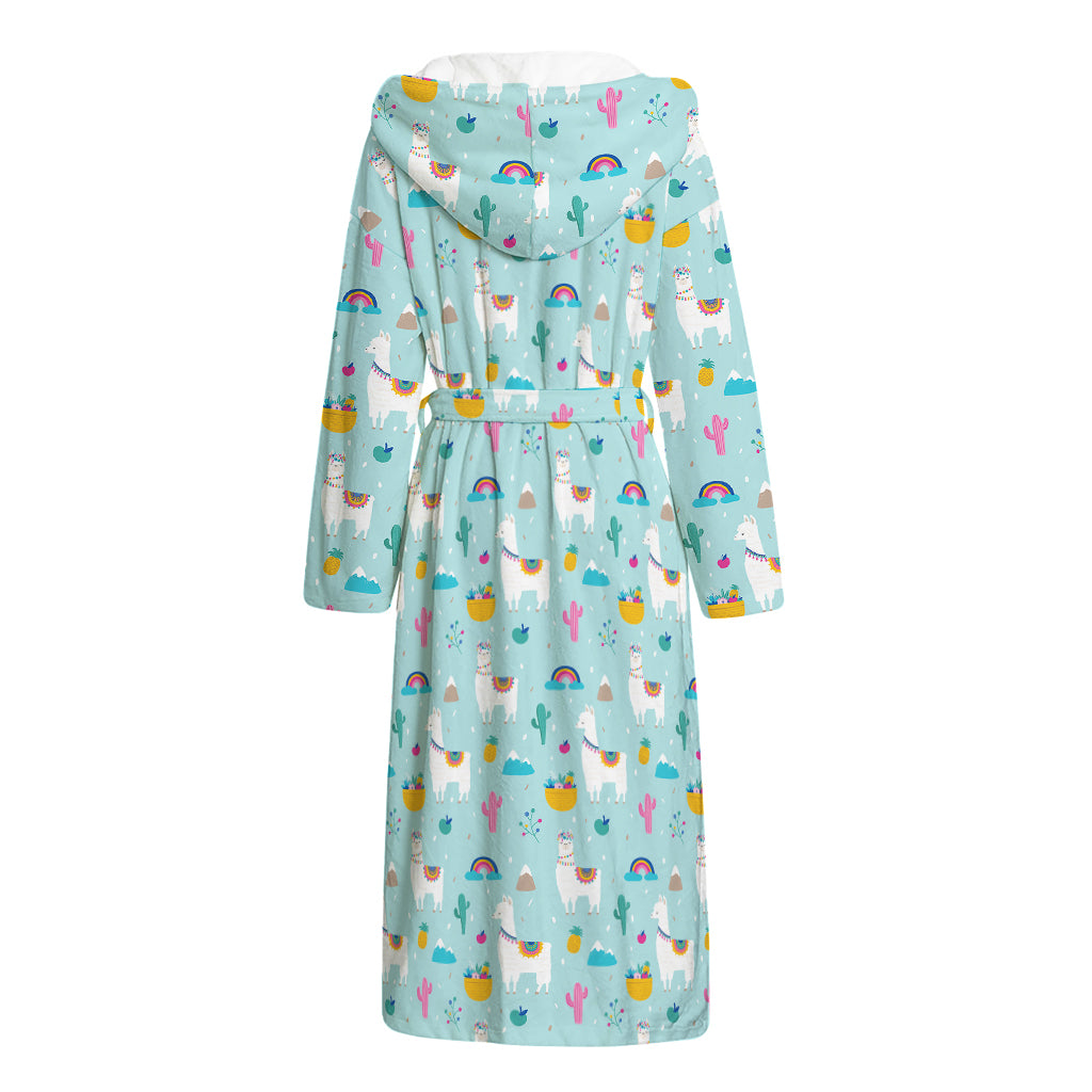 Happy Llama And Cactus Pattern Print Hooded Bathrobe