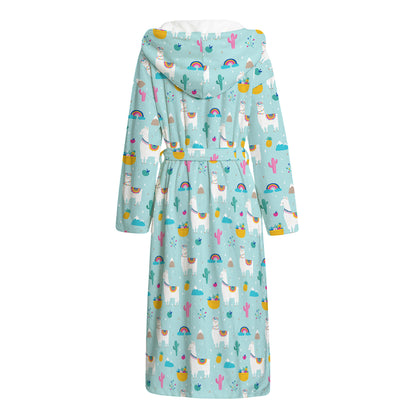 Happy Llama And Cactus Pattern Print Hooded Bathrobe