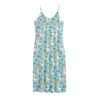Happy Llama And Cactus Pattern Print Jersey Midi Cami Dress