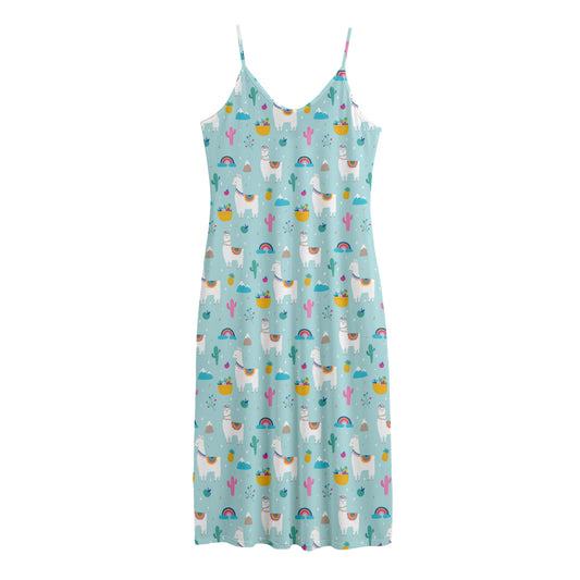 Happy Llama And Cactus Pattern Print Jersey Midi Cami Dress
