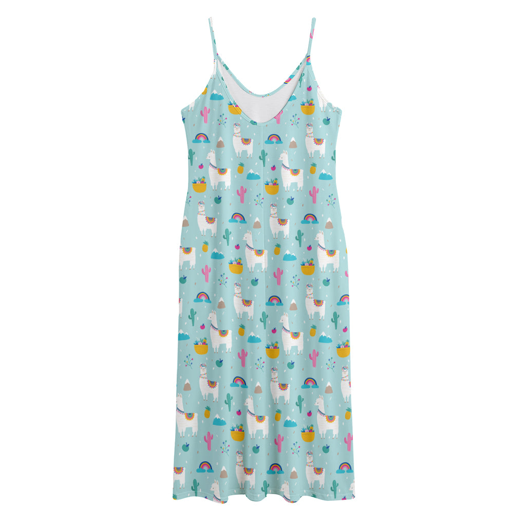 Happy Llama And Cactus Pattern Print Jersey Midi Cami Dress