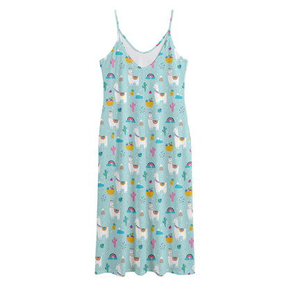 Happy Llama And Cactus Pattern Print Jersey Midi Cami Dress