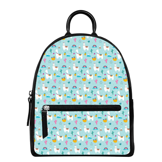 Happy Llama And Cactus Pattern Print Leather Backpack