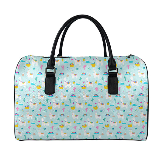 Happy Llama And Cactus Pattern Print Leather Duffle Bag