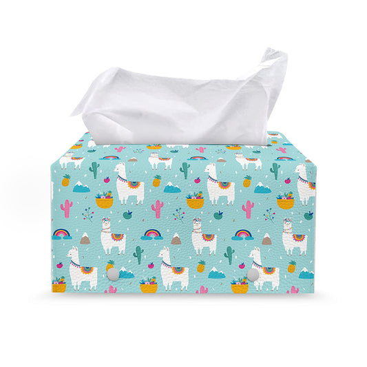Happy Llama And Cactus Pattern Print Leather Tissue Box Cover