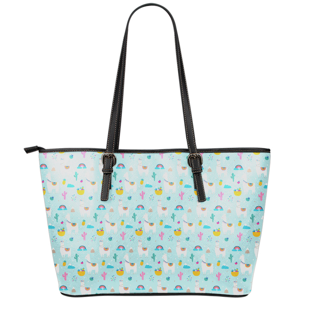 Happy Llama And Cactus Pattern Print Leather Tote Bag