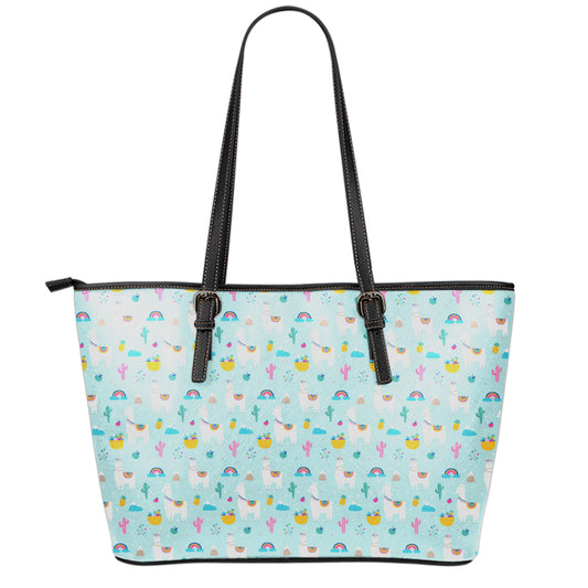 Happy Llama And Cactus Pattern Print Leather Tote Bag