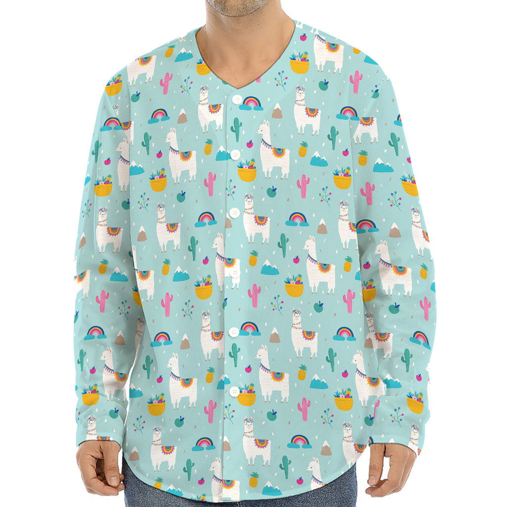 Happy Llama And Cactus Pattern Print Long Sleeve Baseball Jersey