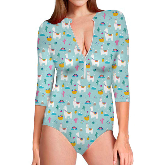 Happy Llama And Cactus Pattern Print Long Sleeve Swimsuit