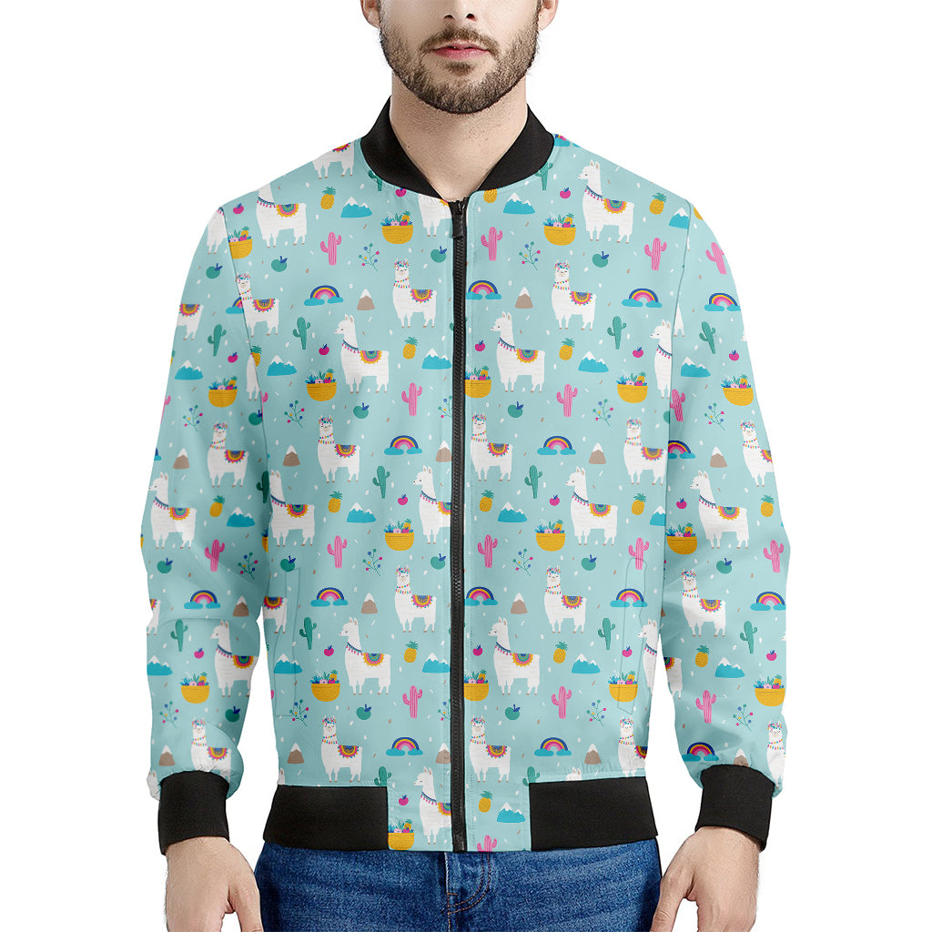Happy Llama And Cactus Pattern Print Men's Bomber Jacket