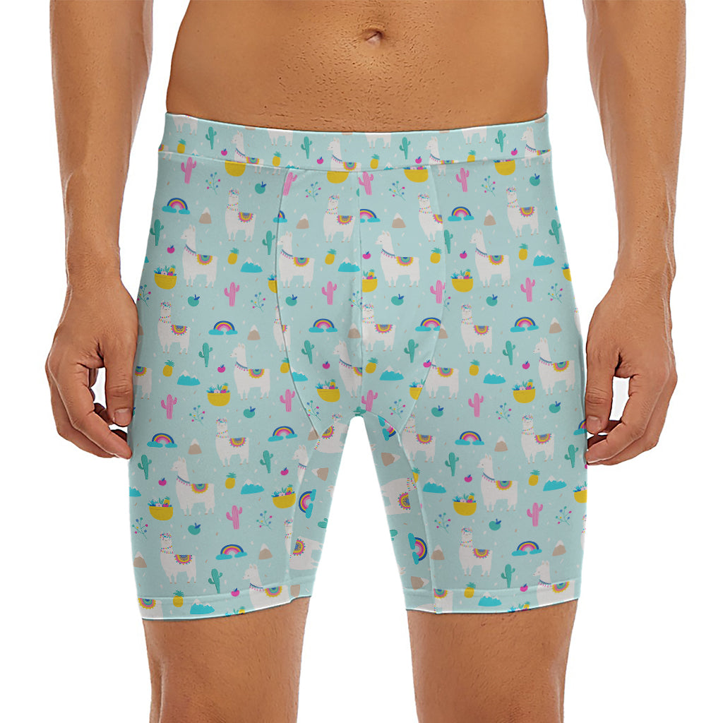 Happy Llama And Cactus Pattern Print Men's Long Boxer Briefs