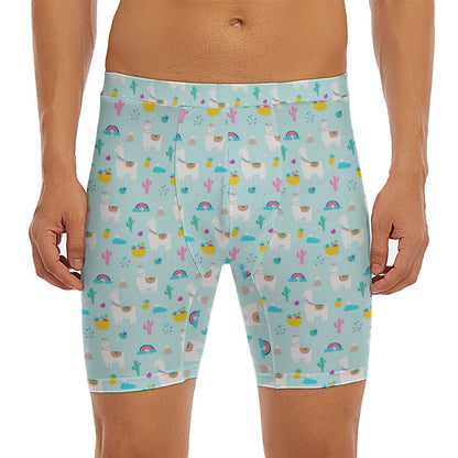 Happy Llama And Cactus Pattern Print Men's Long Boxer Briefs