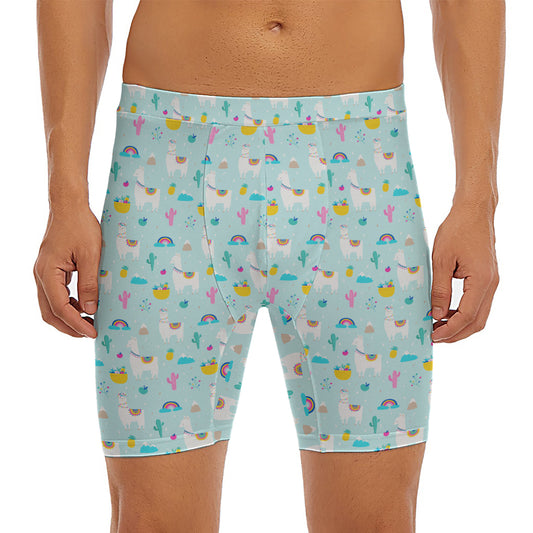 Happy Llama And Cactus Pattern Print Men's Long Boxer Briefs