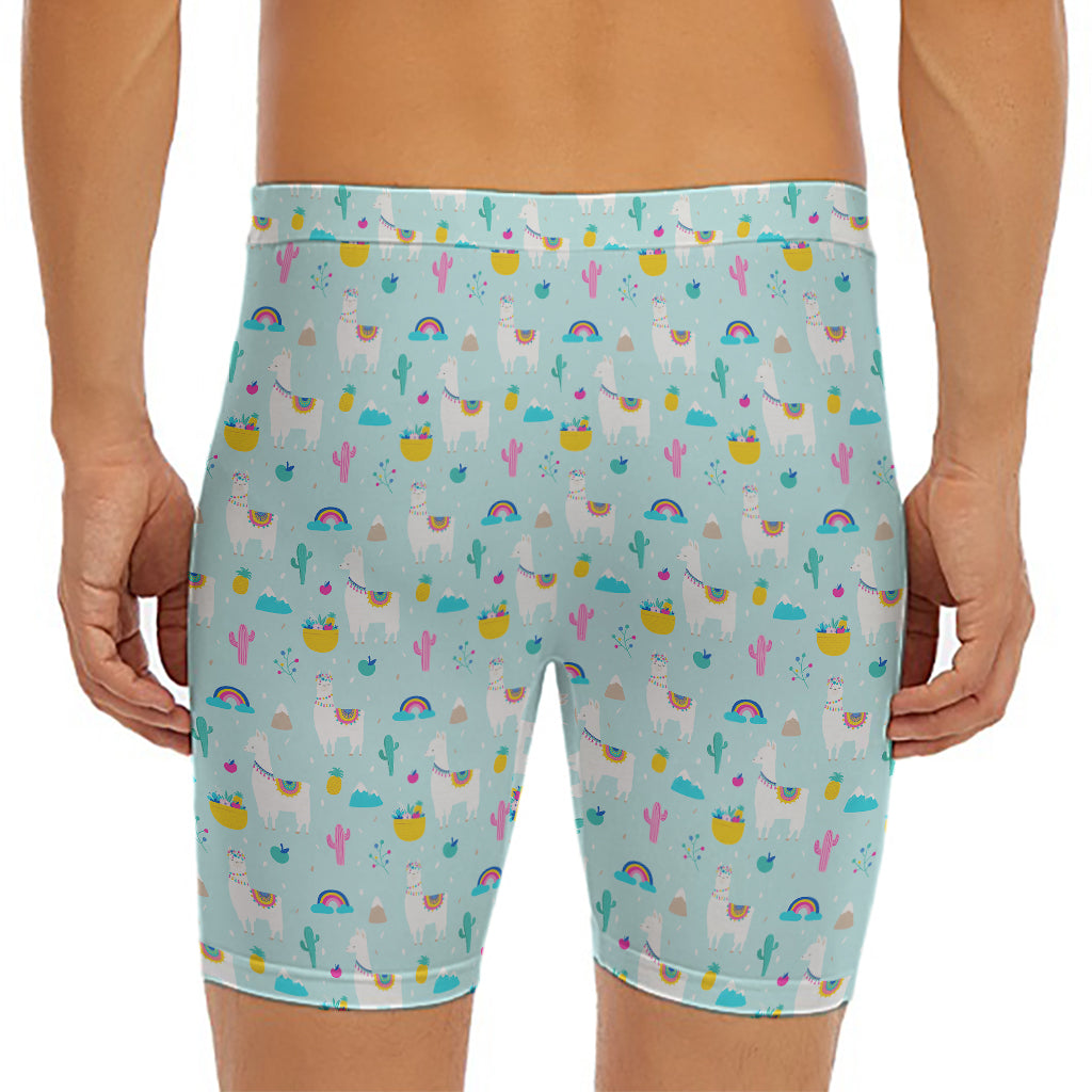 Happy Llama And Cactus Pattern Print Men's Long Boxer Briefs