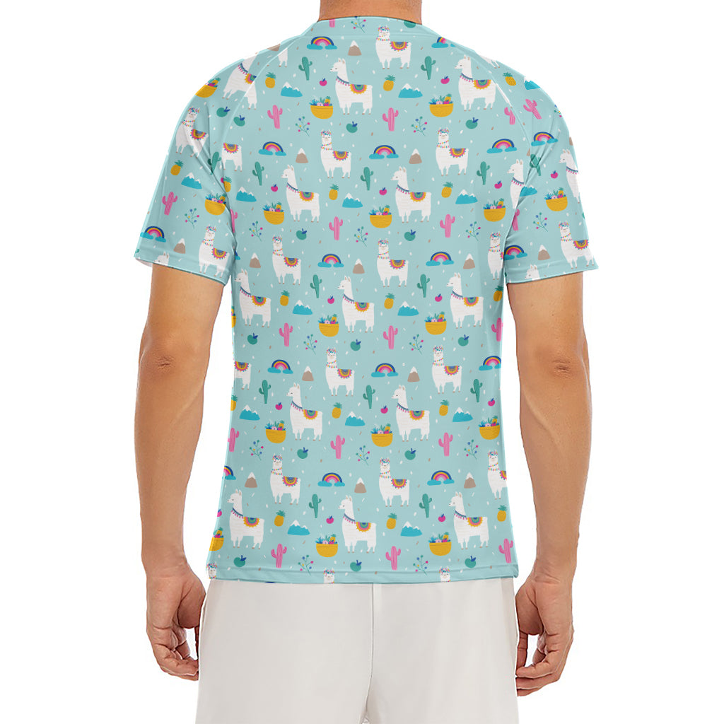 Happy Llama And Cactus Pattern Print Men's Short Sleeve Rash Guard