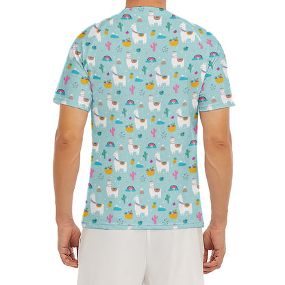 Happy Llama And Cactus Pattern Print Men's Short Sleeve Rash Guard