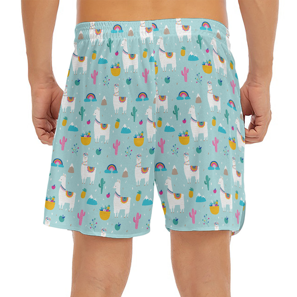 Happy Llama And Cactus Pattern Print Men's Split Running Shorts