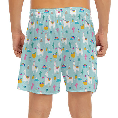 Happy Llama And Cactus Pattern Print Men's Split Running Shorts