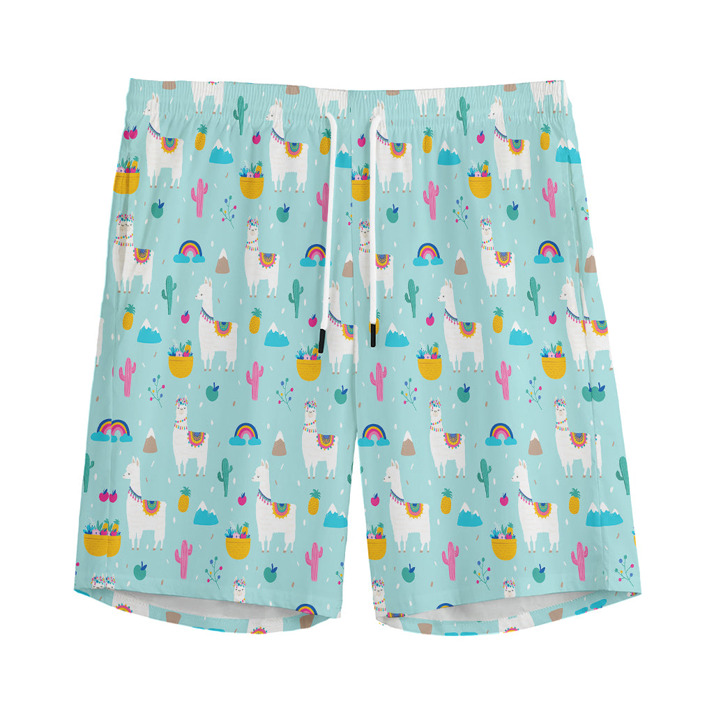 Happy Llama And Cactus Pattern Print Men's Sports Shorts