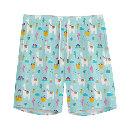 Happy Llama And Cactus Pattern Print Men's Sports Shorts