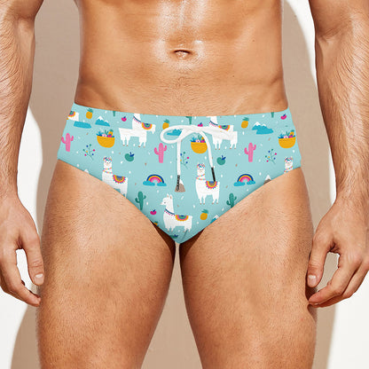 Happy Llama And Cactus Pattern Print Men's Swim Briefs