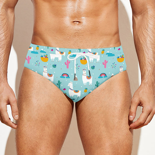 Happy Llama And Cactus Pattern Print Men's Swim Briefs