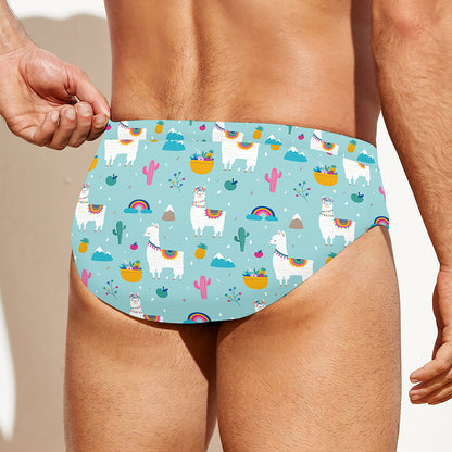 Happy Llama And Cactus Pattern Print Men's Swim Briefs