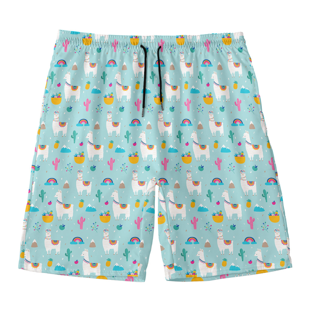 Happy Llama And Cactus Pattern Print Men's Swim Trunks