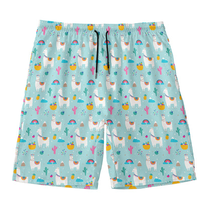 Happy Llama And Cactus Pattern Print Men's Swim Trunks