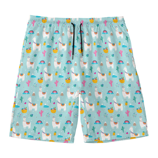 Happy Llama And Cactus Pattern Print Men's Swim Trunks