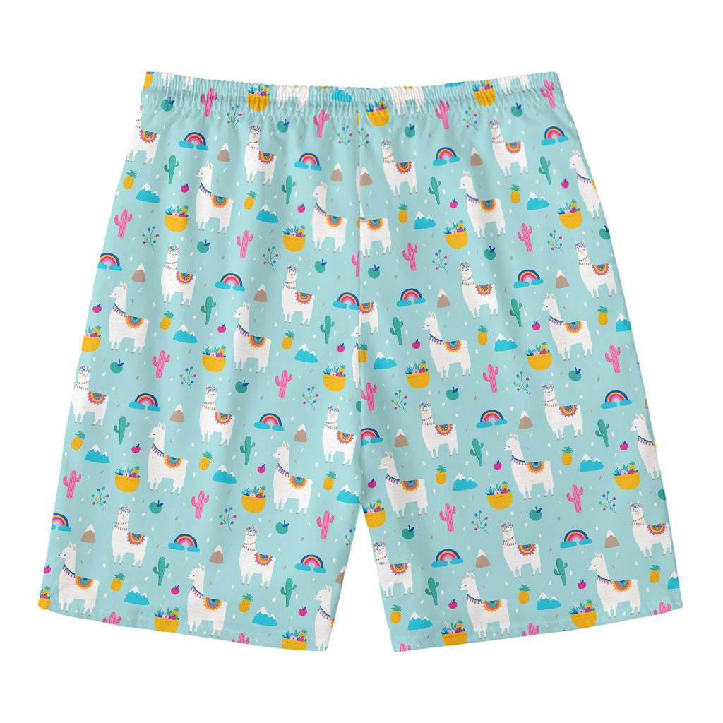 Happy Llama And Cactus Pattern Print Men's Swim Trunks