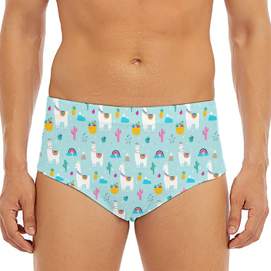 Happy Llama And Cactus Pattern Print Men's Triangle Swim Briefs