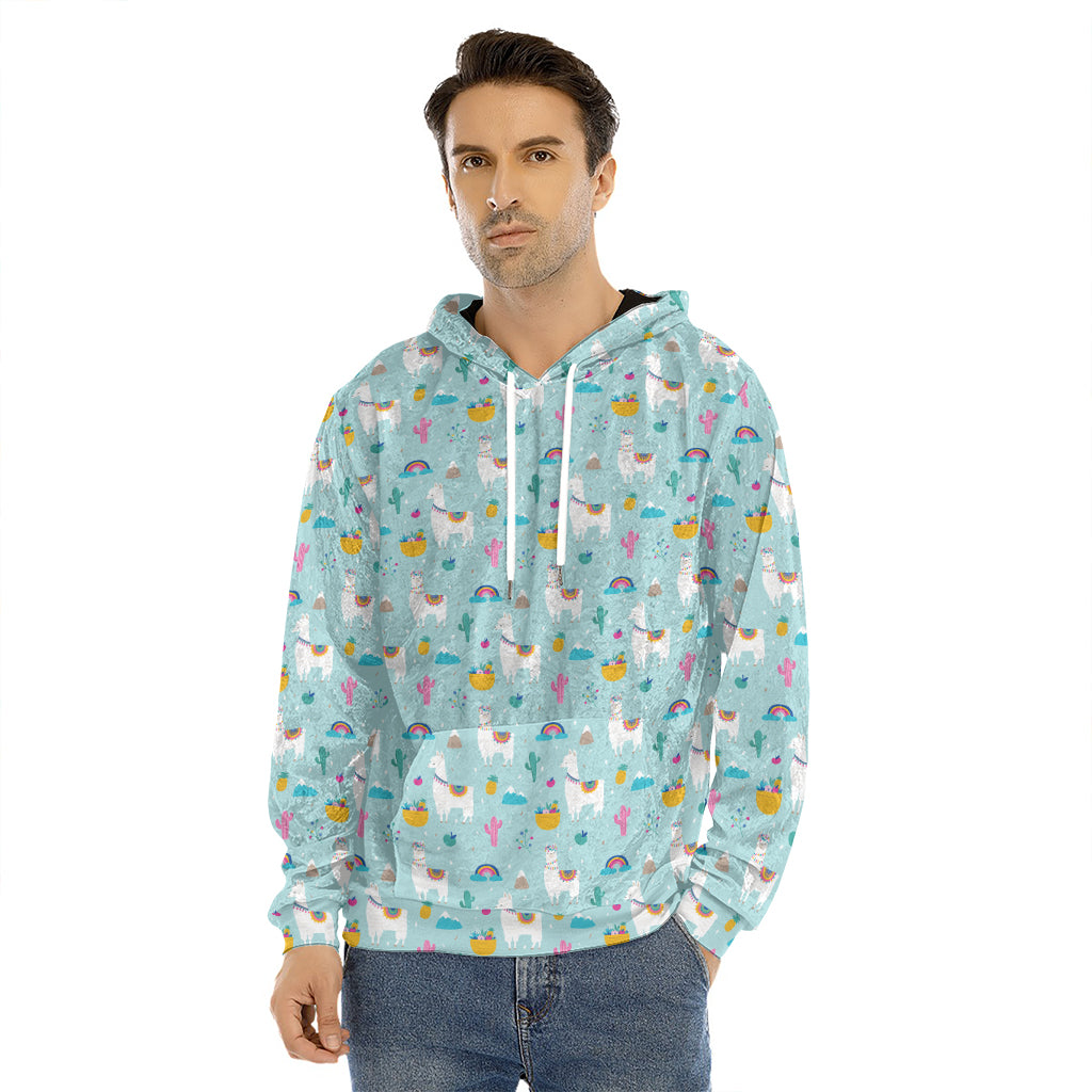 Happy Llama And Cactus Pattern Print Men's Velvet Pullover Hoodie