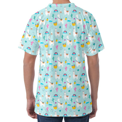 Happy Llama And Cactus Pattern Print Men's Velvet T-Shirt