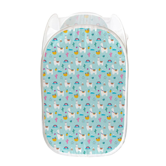 Happy Llama And Cactus Pattern Print Mesh Laundry Hamper