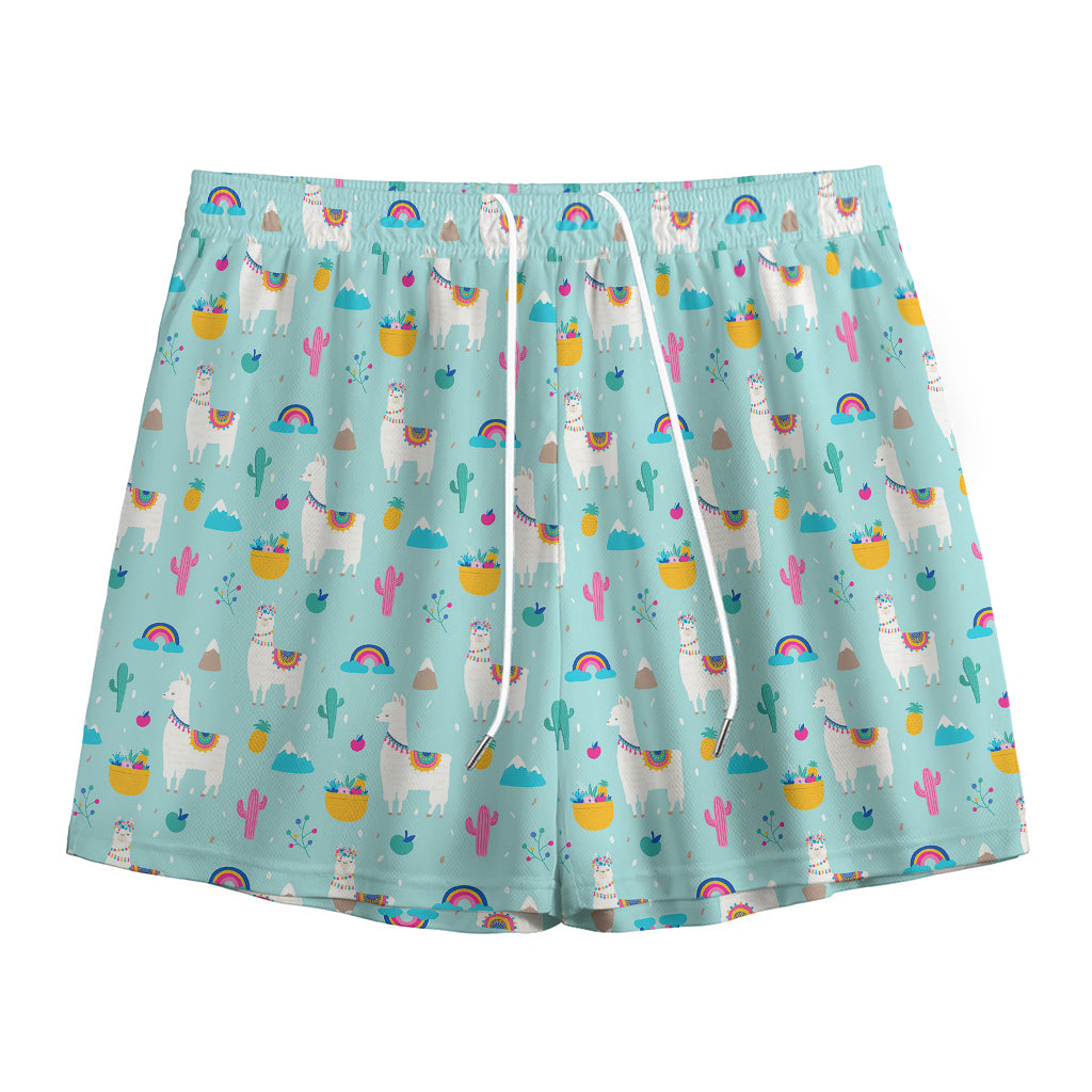 Happy Llama And Cactus Pattern Print Mesh Shorts