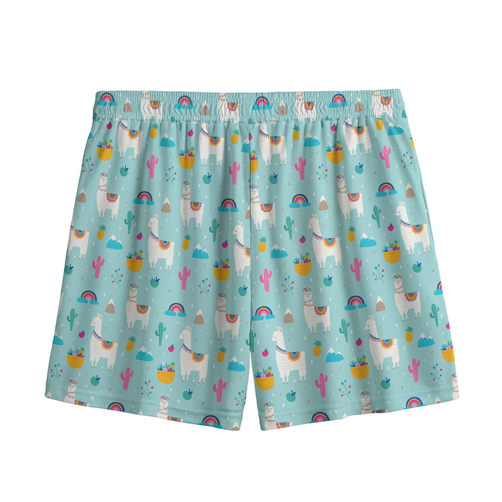 Happy Llama And Cactus Pattern Print Mesh Shorts
